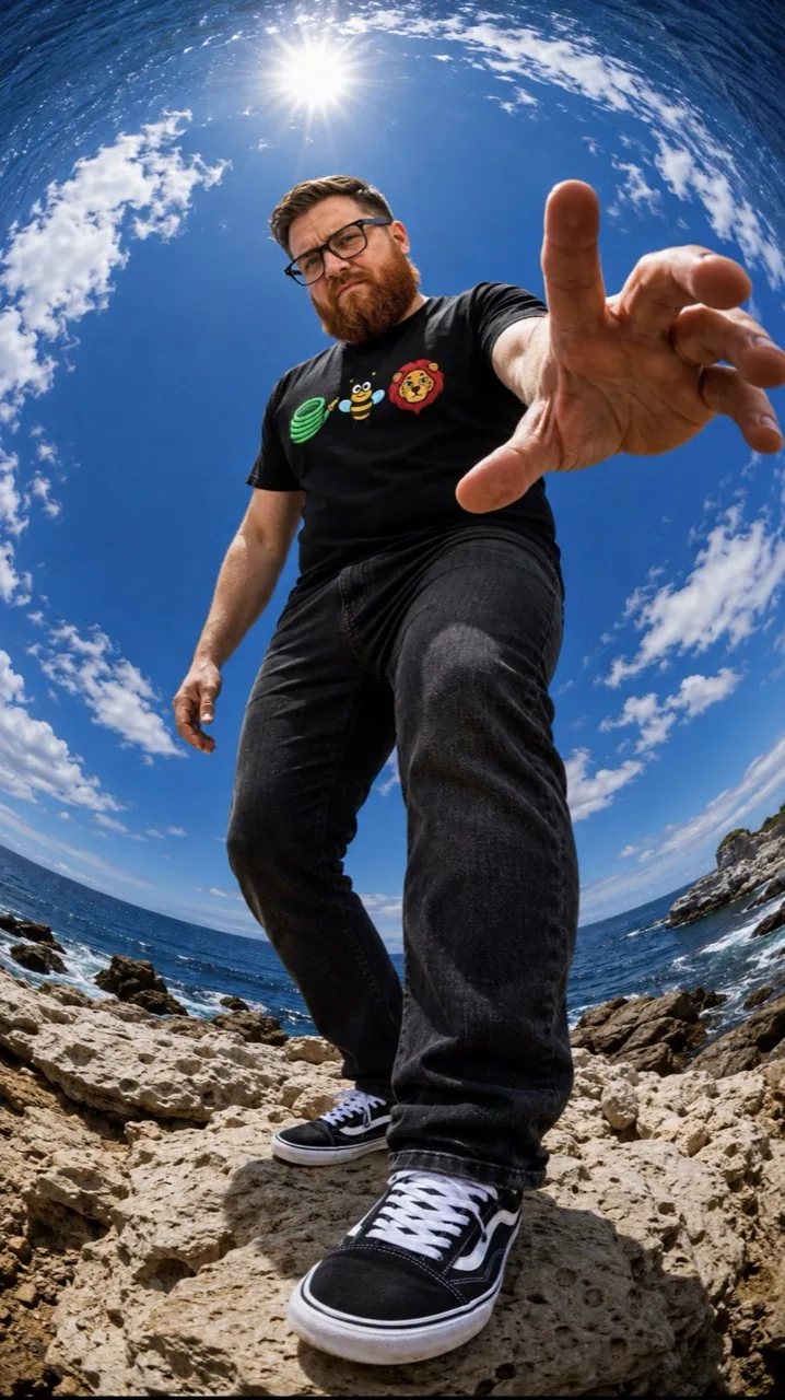 Model wearing the black Hose Bee Lion shirt by the ocean