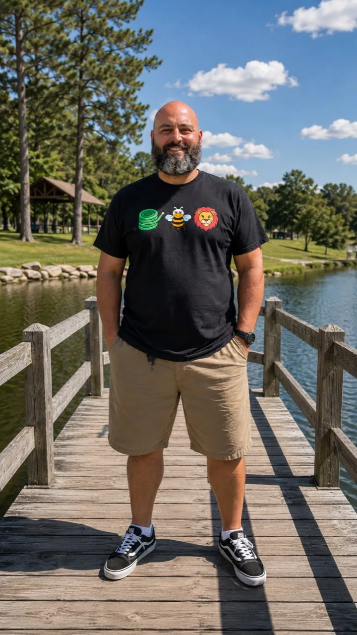 Model wearing the black Hose Bee Lion shirt at a park