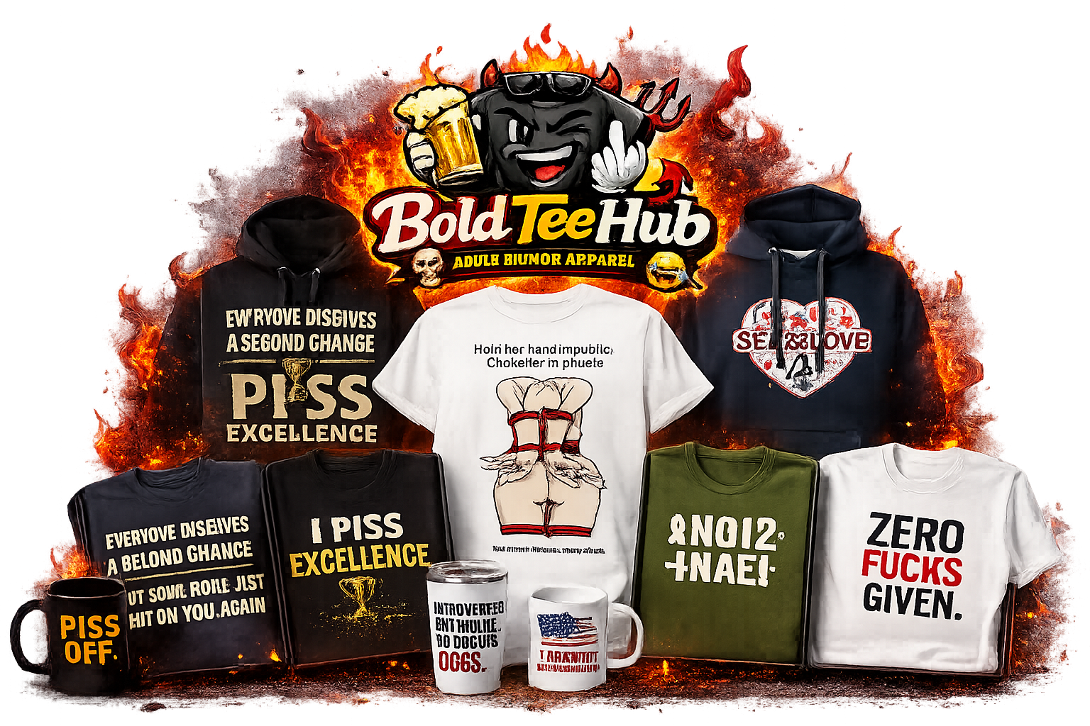 BoldTeeHub apparel, hoodies, shirts, and mug merch wall