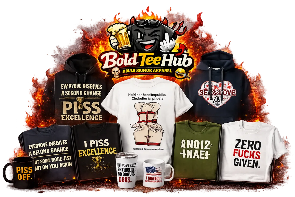 BoldTeeHub apparel, hoodies, shirts, and mug merch wall