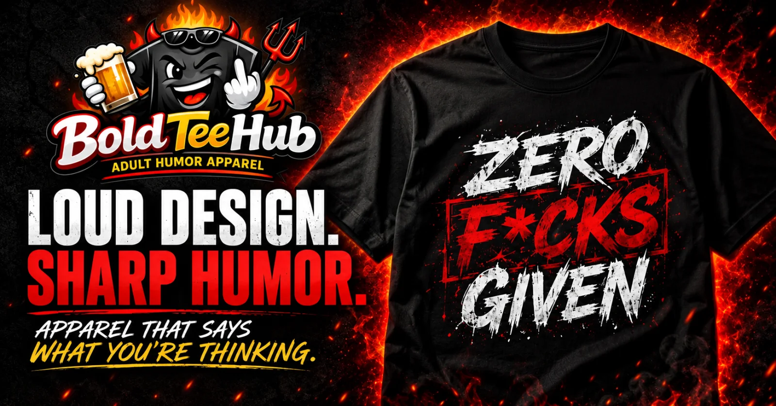 BoldTeeHub: Loud design. Sharp humor. Apparel that says what you're thinking. Black statement tee against a fiery red background.