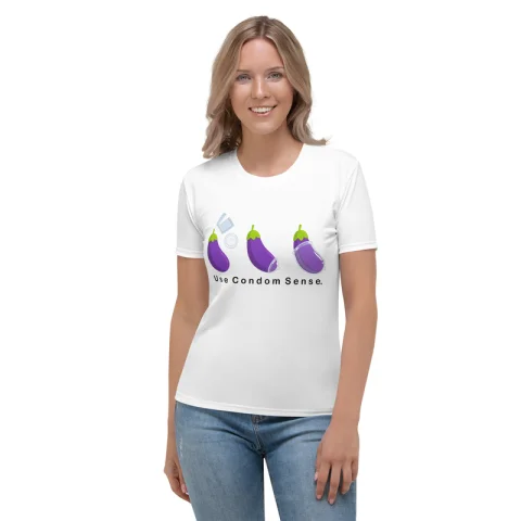 Women's T-shirt - Use Condom Sense with Eggplant.