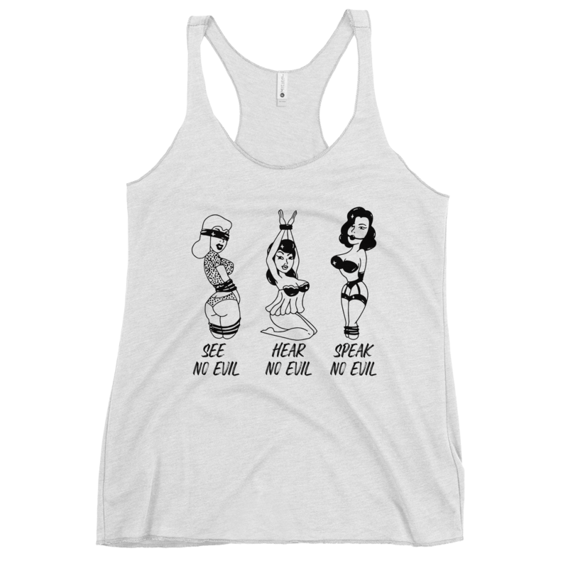 Vintage-Inspired DTG Printed Pinup Cartoon Racerback Tank that capture the essence of the iconic "See no Evil, Hear no Evil, Speak No Evil" proverb.