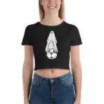 Image of a trendy Ghostly Booty Graphic Crop Tee, showcasing a playful white ghost design on the front, made from a comfortable cotton-polyester blend, perfect for adding a whimsical touch to any outfit.